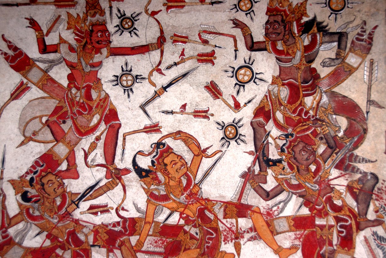 Pintura de tecto no Palácio Real; Batalha dos Deuses; Kerta Gosa; Palácio Taman Gili; Klungkung; Semarapura; Bali; Indonésia; Sudeste Asiático; Ásia de Frederick (attr. to) Barnard