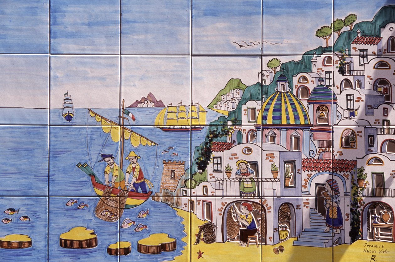 Cerâmica emparelhada, Positano, Costa de Amalfi, Campânia, Itália de John Pardon