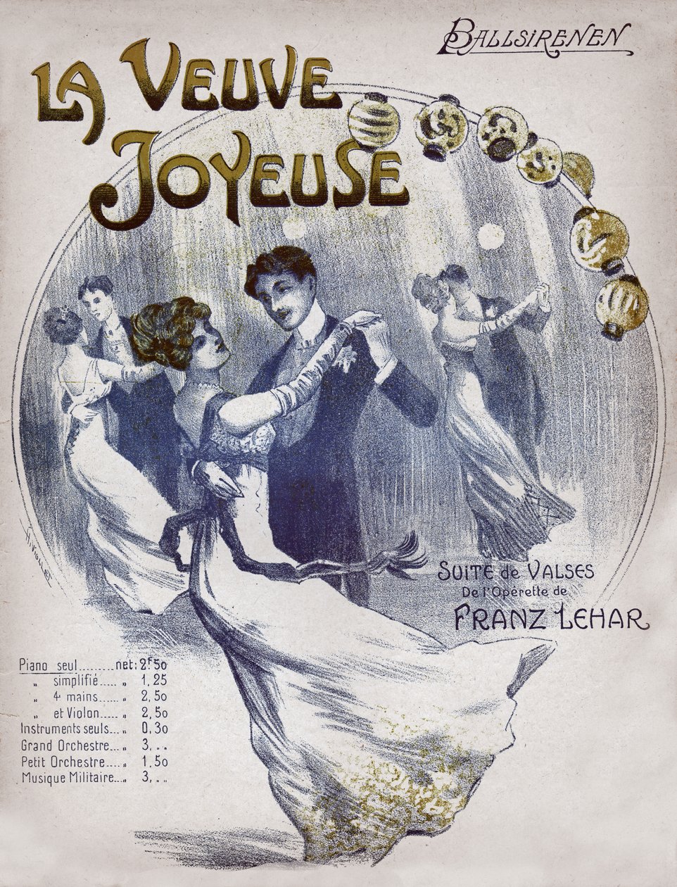 Casais dançando a valsa Ballsirenen. por volta de 1910 (ilustração) de . .