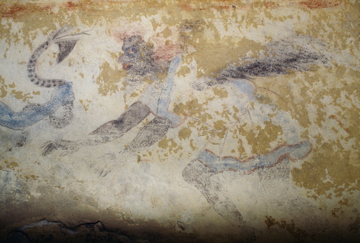 Demónio, fresco, Túmulo de Demónios Azuis, Necrópole de Tarquinia (UNESCO World Heritage List, 2004), Lácio, Itália, civilização etrusca, século V a.C. (foto) de Georg Carl Heinrich Dollmann