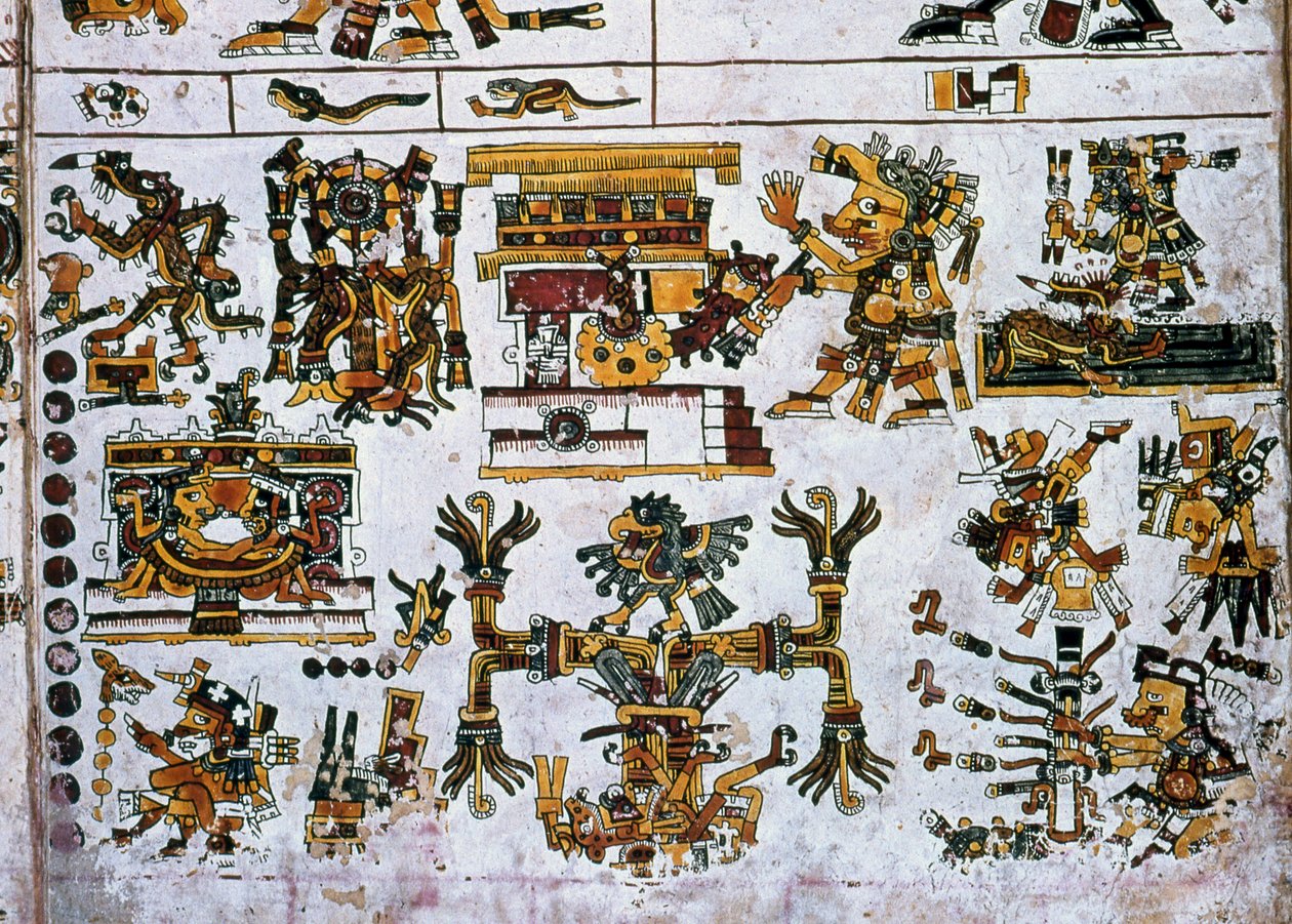 Detalhe de um fac-símile Cópia de uma página do Codex Borgia mostrando as quatro direcções e o centro (cor litho) de Hippolyte Lalaise Devéria
