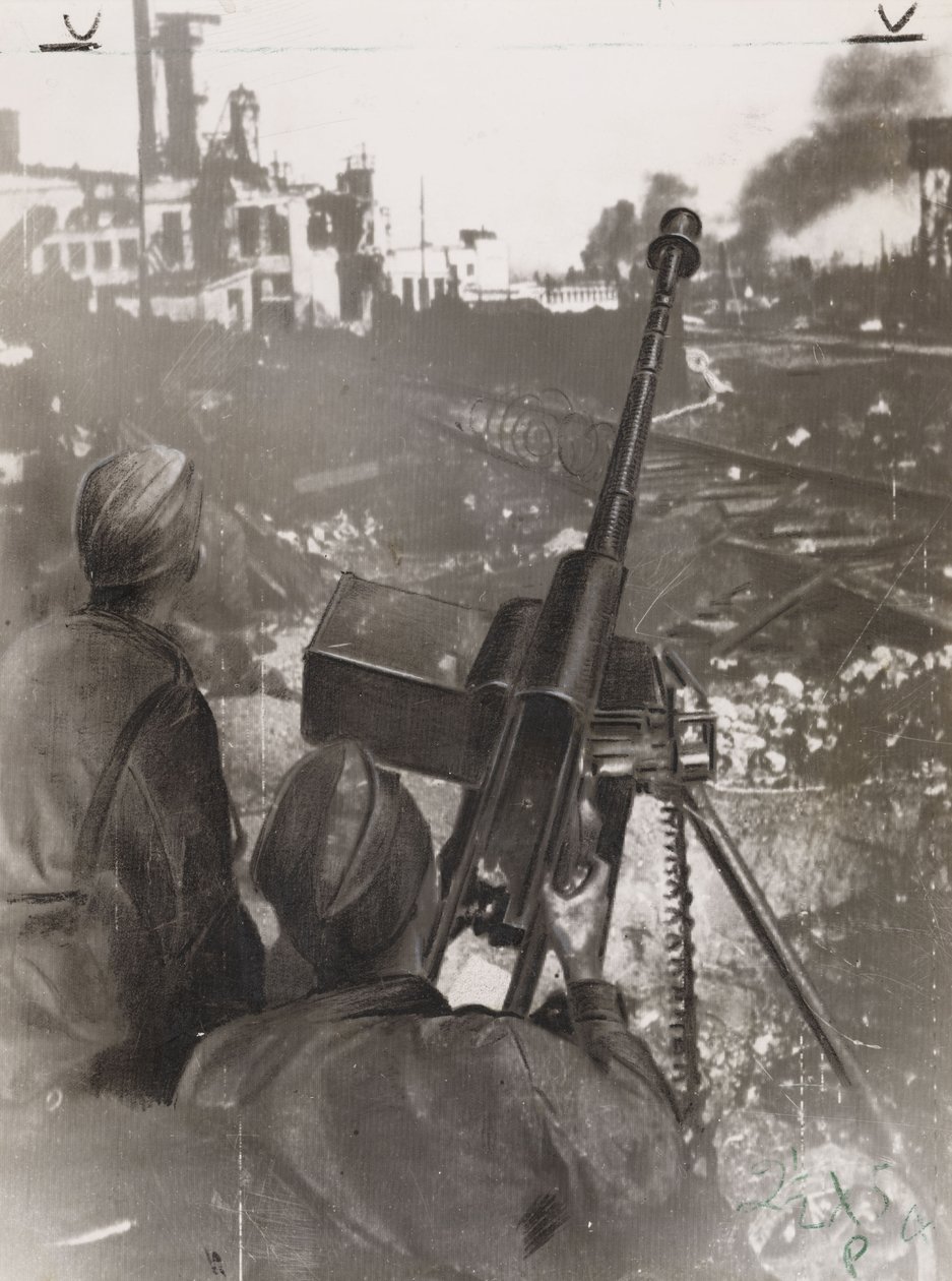 Segunda Guerra Mundial (1939-1945): Dois atiradores russos anti-tanque defendendo uma fábrica perto de uma linha férrea durante a Batalha de Estalinegrado (Rússia) em 1942 de Frederick (attr. to) Barnard