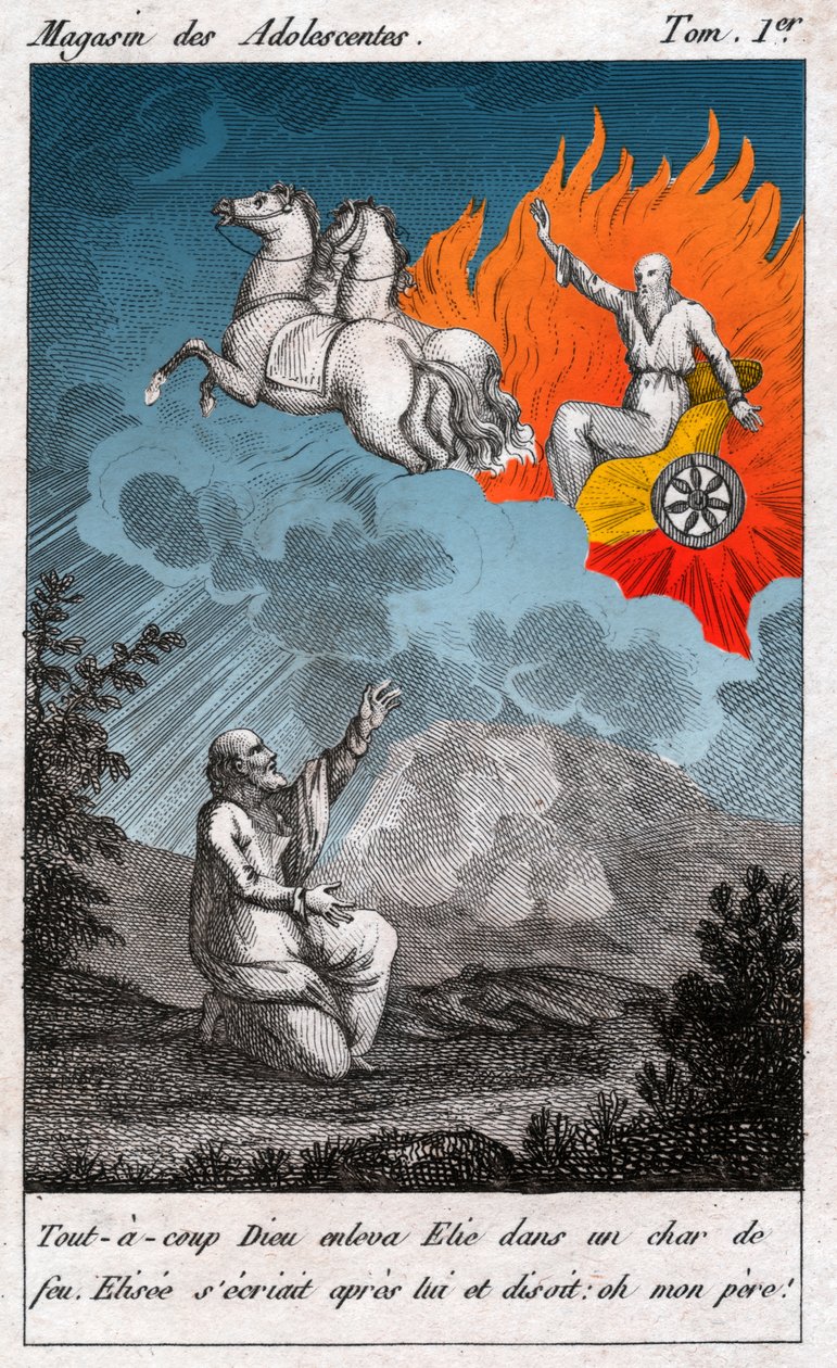 Elijah decola para o céu, por volta de 1880 (gravura) de . .