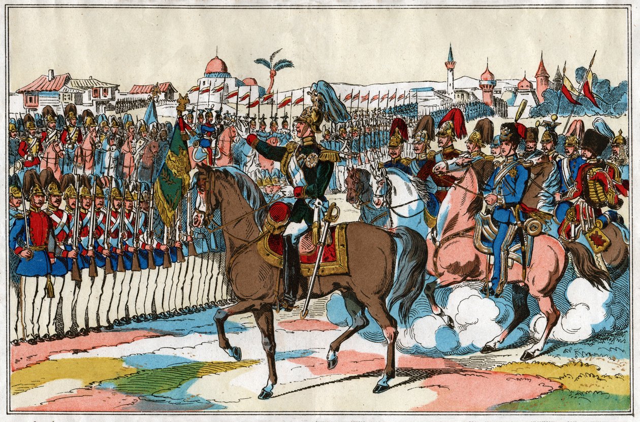 O imperador Alexandre II revisa suas tropas antes da declaração de guerra à Turquia (1877). por volta de 1880 (ilustração) de . .