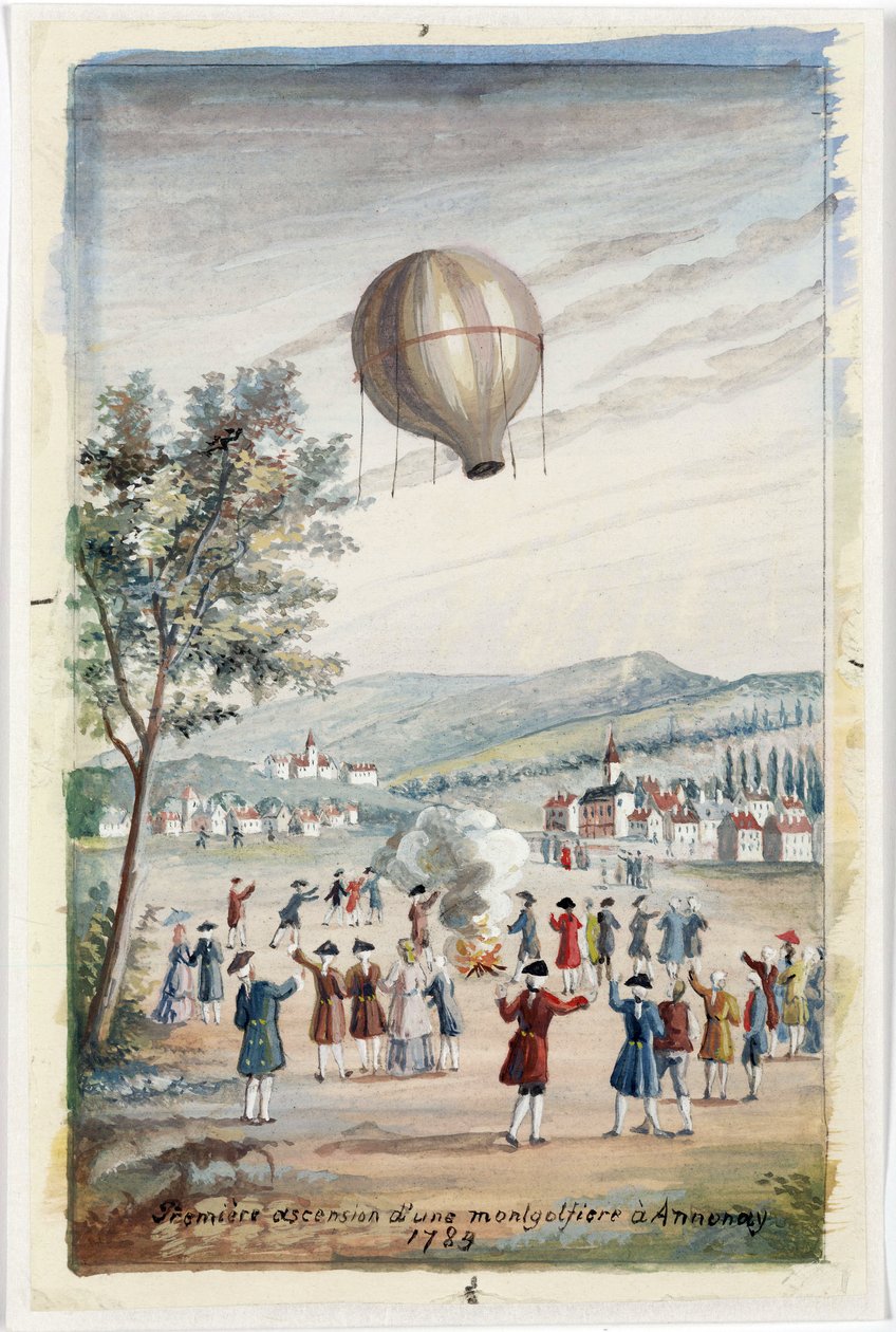 "Primeira Ascensão de um Montgolfier em Annonay", França, 5 de Junho de 1783 de Frederick (attr. to) Barnard