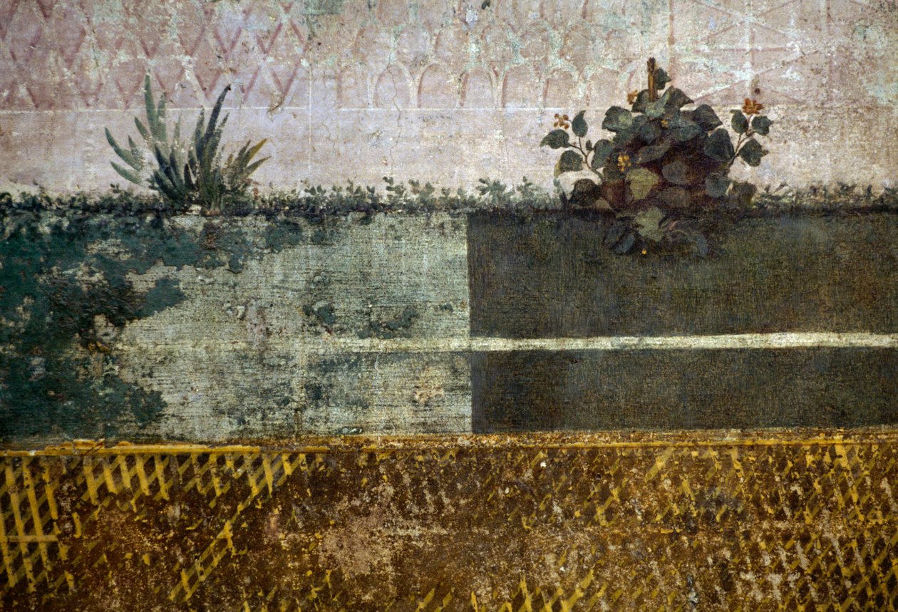Jarra com flores, detalhe de um afresco que representa um jardim com árvores frutíferas e pássaros, da Casa de Livia na colina de Palatino, Roma, Itália. A civilização romana de Georg Carl Heinrich Dollmann