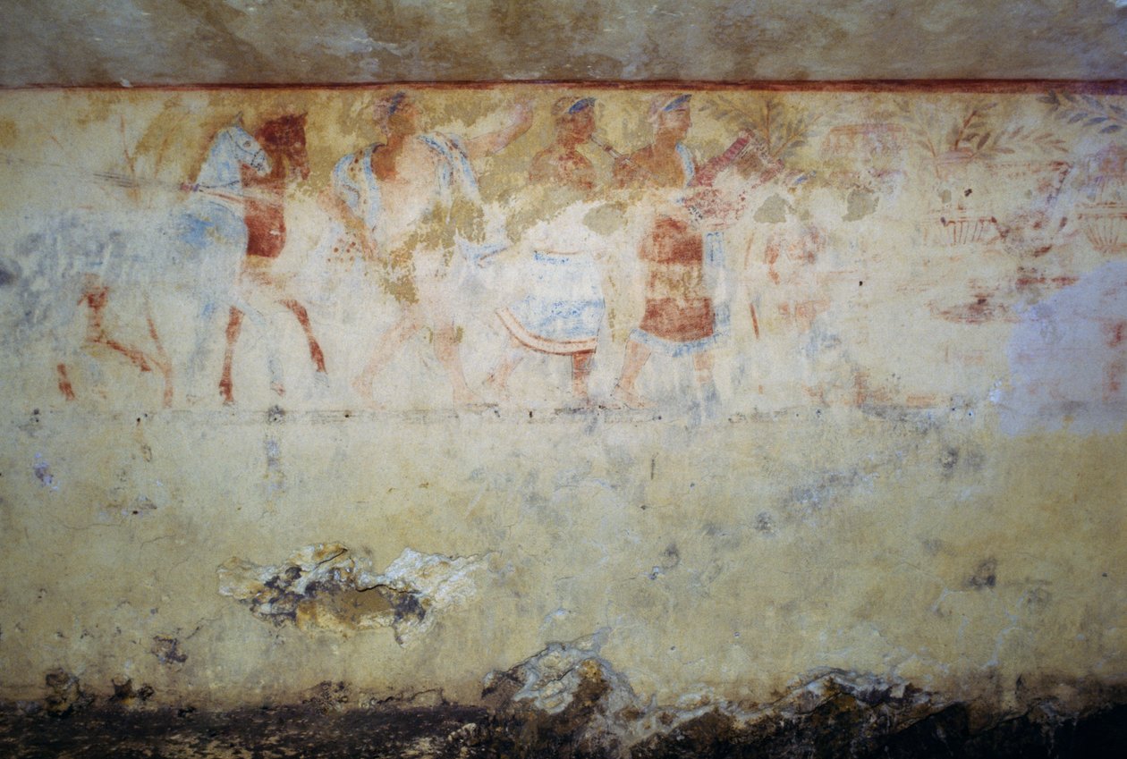 Procissão fúnebre com dançarinos e músicos, fresco, Túmulo dos Demónios Azuis, Necrópole de Tarquinia (Património Mundial da UNESCO, 2004), Lácio, Itália Civilização etrusca, século V a.C. de Georg Carl Heinrich Dollmann