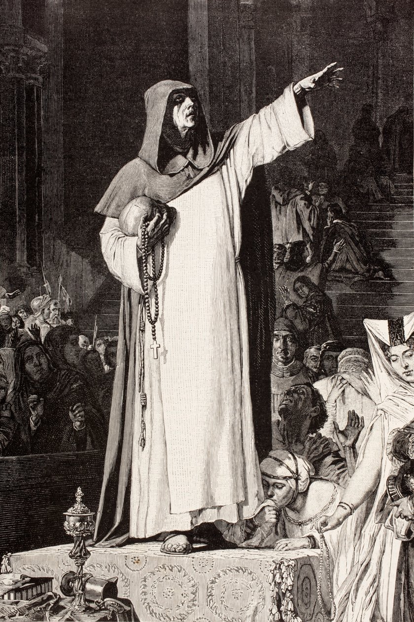 Girolamo Savonarola (1452 1498), frade dominicano italiano pregando contra a imoralidade e o luxo que tentaria o pecado, depois de uma obra de De Langemantels, de 