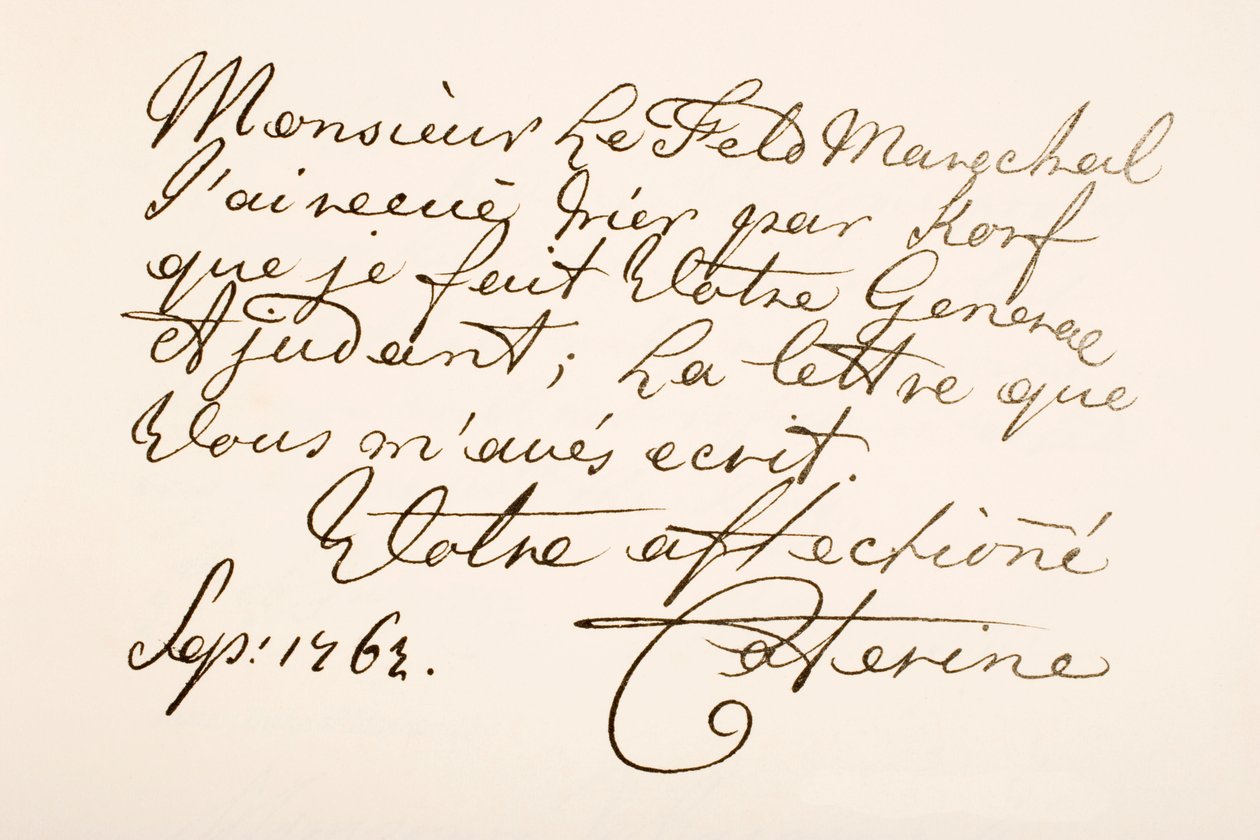 Amostra de escrita manual da Imperatriz Catarina II da Rússia, conhecida como Catarina, a Grande de Ferdinand Georg Waldmuller
