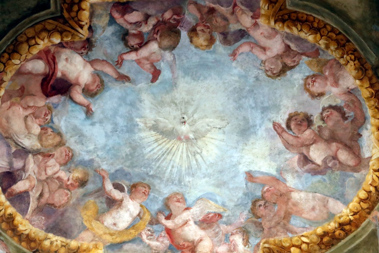 Espírito Santo e anjos. Fresco. Basílica de Santa Maria delle Vigne. Génova. Itália. de . .