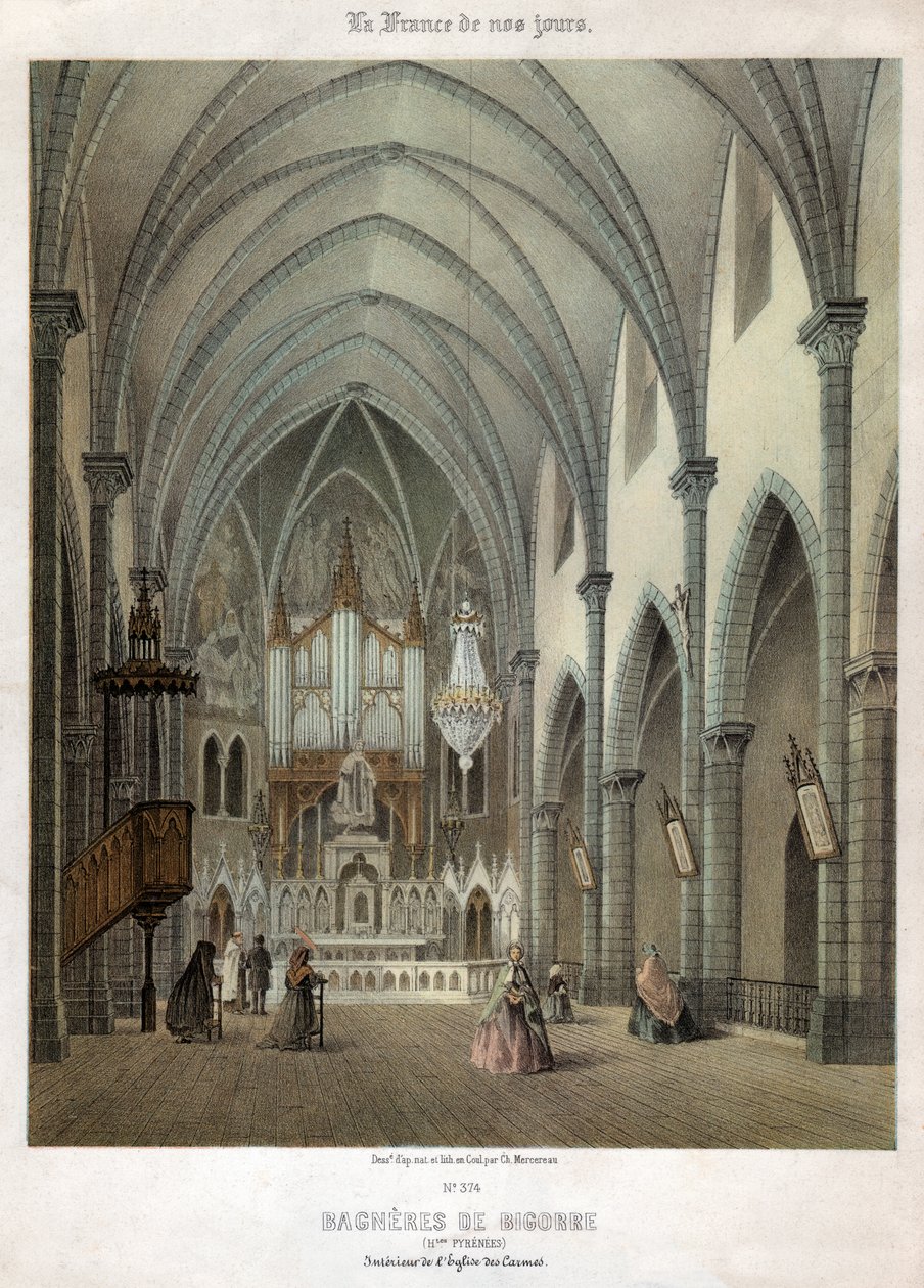 Interior da igreja carmelita em Bagneres de Bigorre. cerca de 1870 (Gravura) de . .