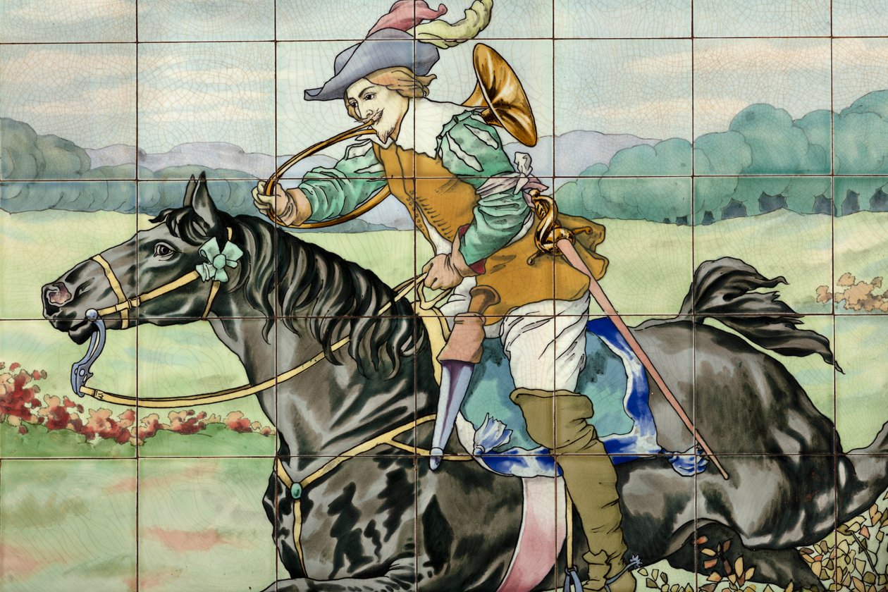 Vista interior, painel de azulejos, pintor Furcy Ernest Tondeur, executor Boch Frères La Louvière, segundo painel mostra cena de caça com cavaleiro galopante com chifre de caça de . .
