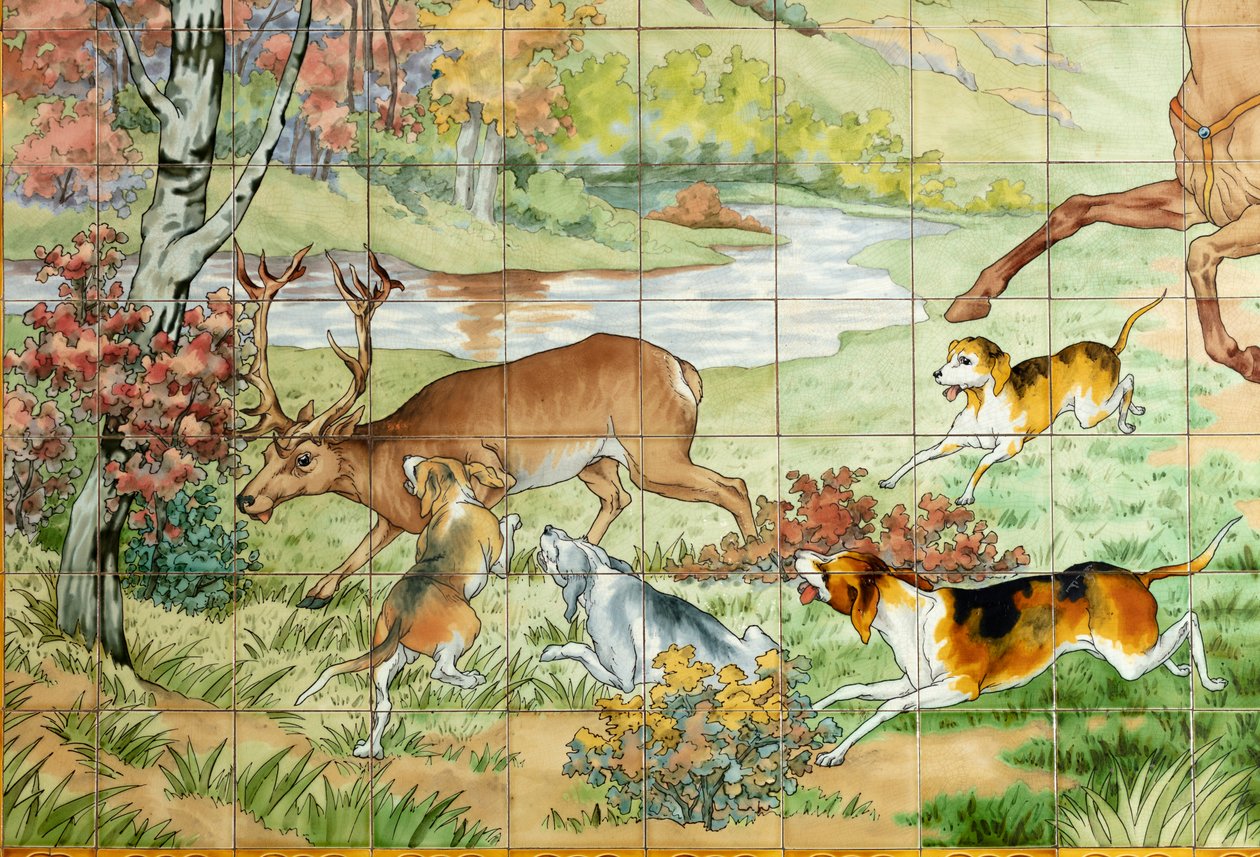 Vista interior, painel de azulejos, pintor Furcy Ernest Tondeur, executor Boch Frères La Louvière, primeiro painel, cena de caça com três cavaleiros, detalhe de . .