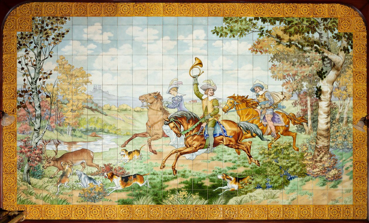 Vista interior, painel de azulejos, pintor Furcy Ernest Tondeur, executor Boch Frères La Louvière, primeiro painel, cena de caça com três cavaleiros de . .