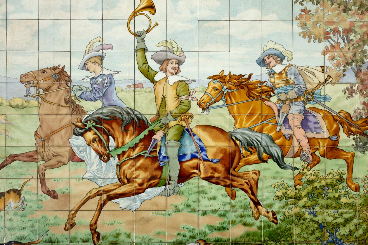 Vista interior, painel de azulejos, pintor Furcy Ernest Tondeur, executor Boch Frères La Louvière, primeiro painel, cena de caça com três cavaleiros, detalhe de . .