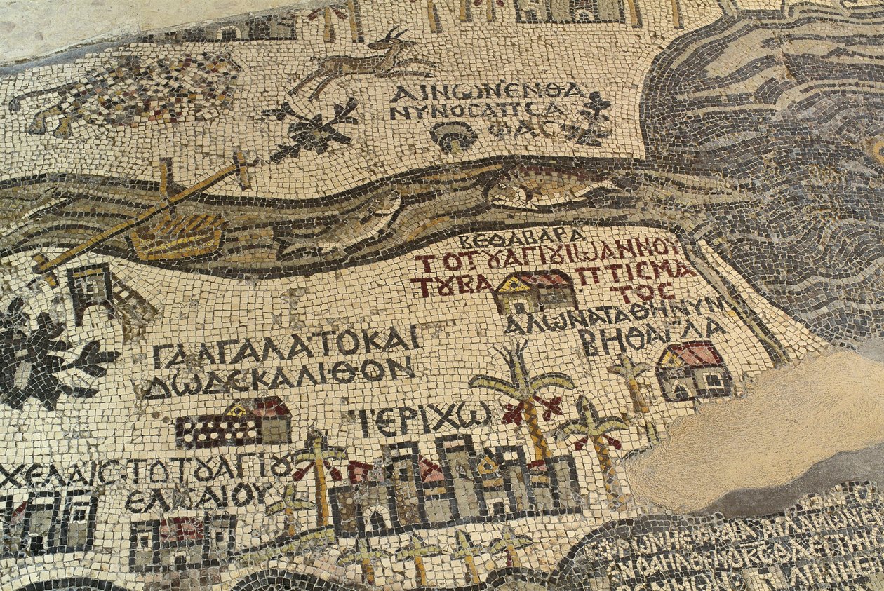 Jericó e seus arredores, incluindo o rio Jordão e Mar Morto, detalhe do mapa da Terra Santa, mosaico do chão, ca 560 d.C., abside da Basílica de São Jorge, Madaba, Jordânia, civilização bizantina, século 6 d.C. de School Lebanese