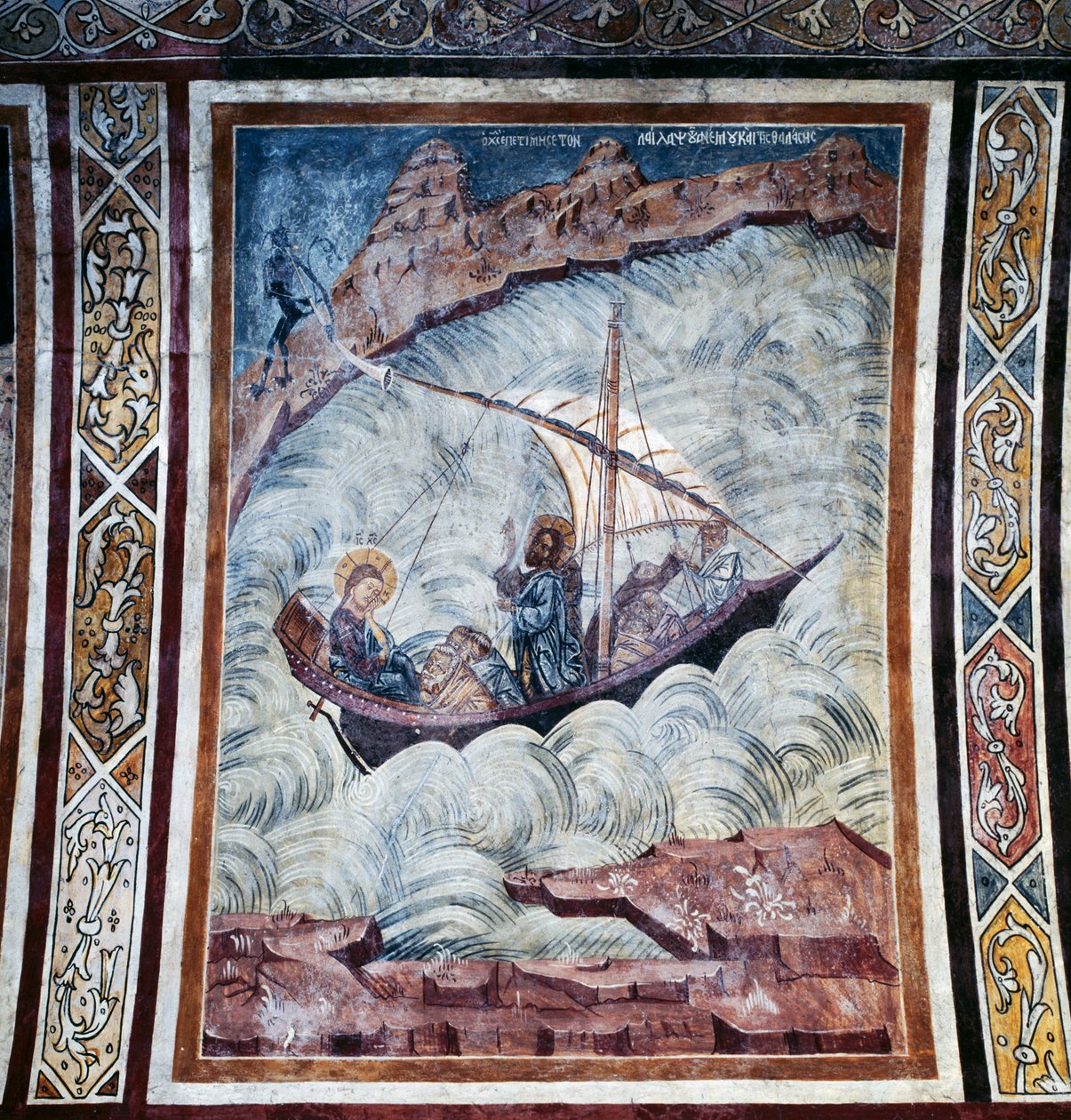 Jesus acalmando a tempestade, afresco na abóbada da igreja do mosteiro de Thari, ilha de Rodes, Grécia de Georg Carl Heinrich Dollmann