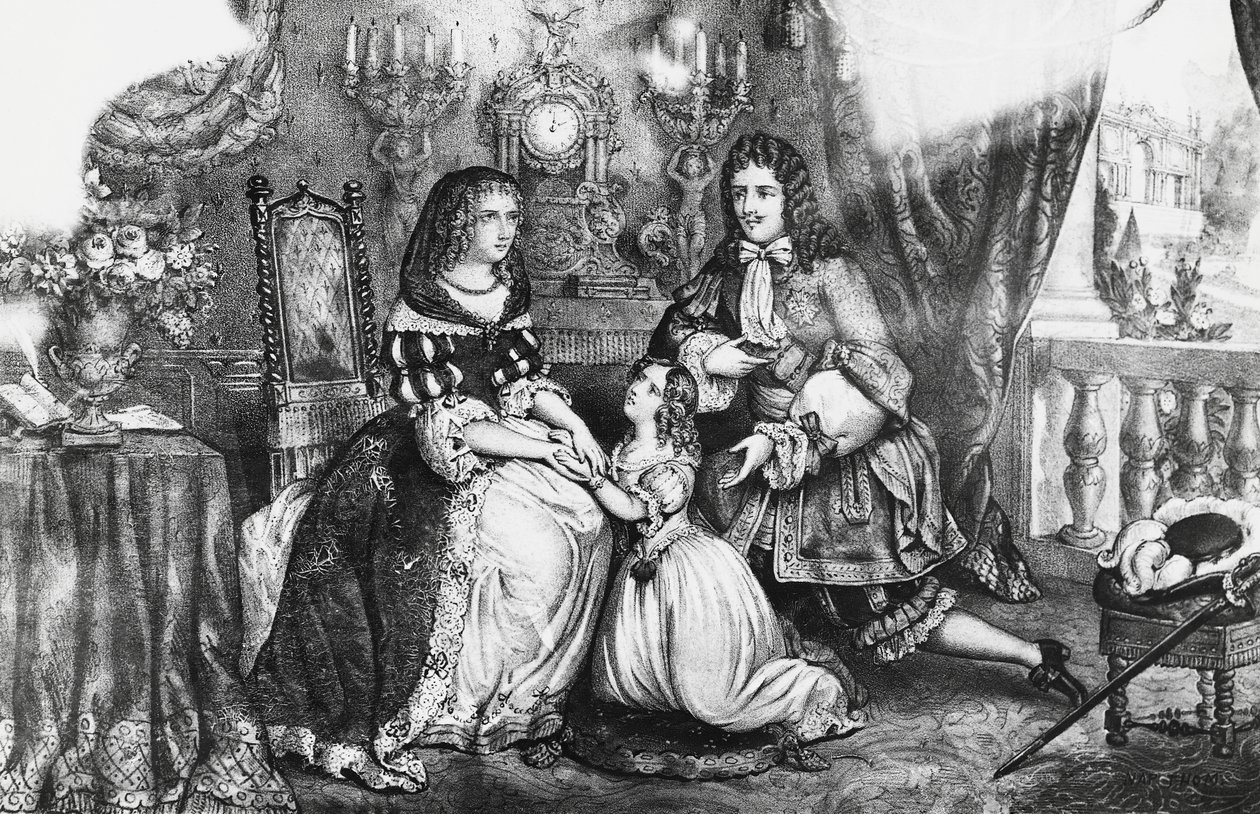 O Rei Luís XIV e sua filha imploram à Duquesa Luísa de La Valliere que não se retire para o convento. de Georg Carl Heinrich Dollmann