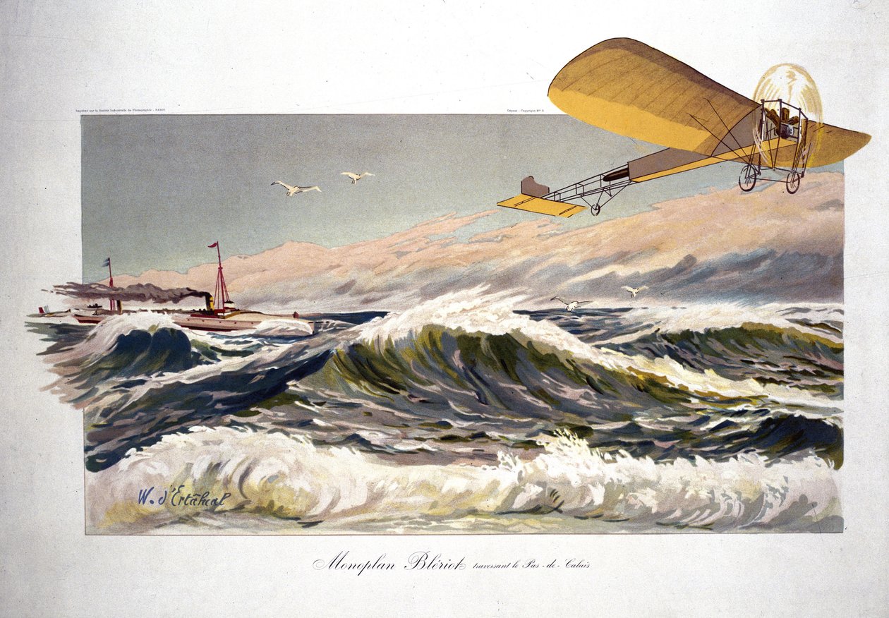 Louis Bleriot (1872-1936), aviador francês, atravessando o Canal da Mancha a 25 de Julho de 1909, a bordo do seu monoplano "Bleriot XI". de Ferdinand Georg Waldmuller
