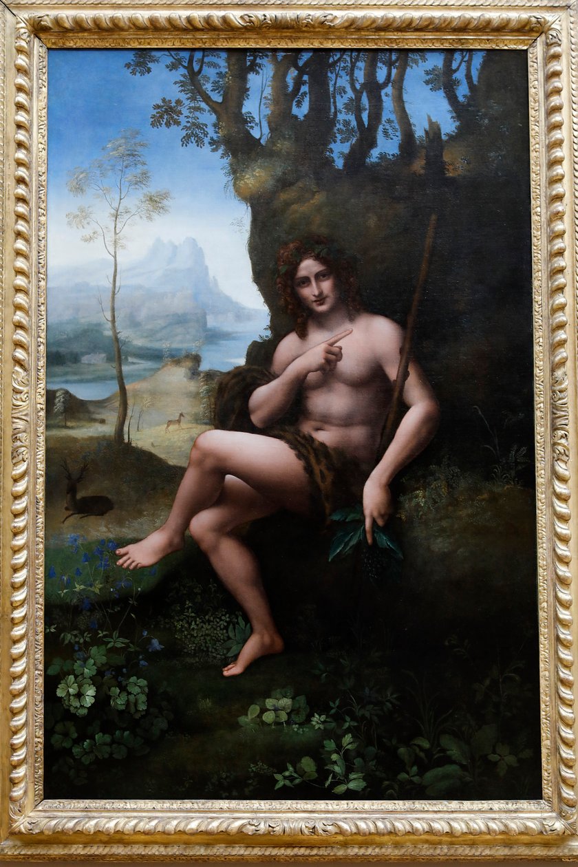 Museu do Louvre, Paris, França. Oficina de Leonardo da Vinci, creditada a Francesco Melzi, São João Batista, óleo sobre painel transferido para tela, c. 1510-1520. de . .