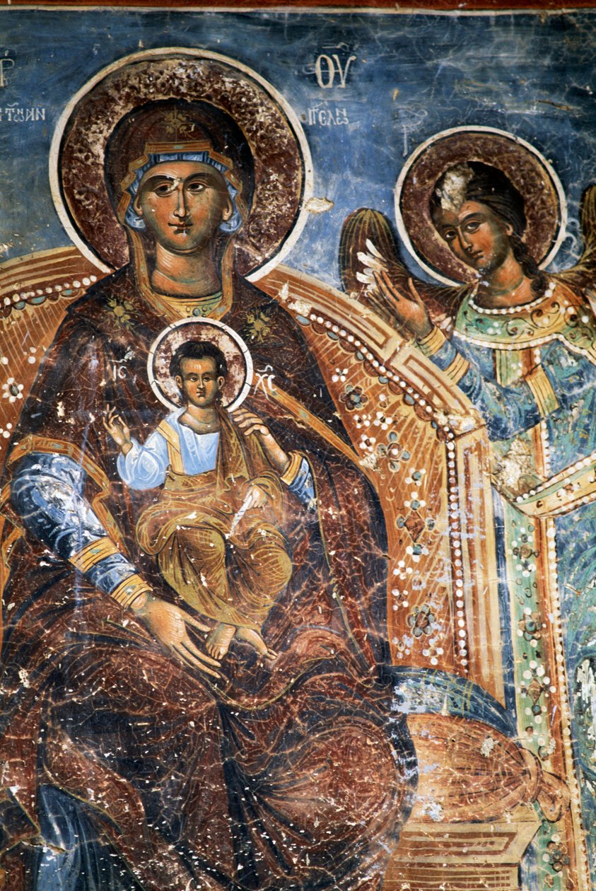 Madonna com Criança e Anjo, fresco no mosteiro de Ano Pedina, perto de Papigo, Zagoria, Épiro, Grécia (foto) de Georg Carl Heinrich Dollmann