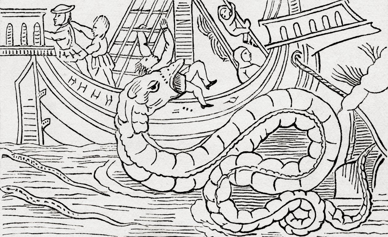 Homem sendo comido por uma serpente marinha. de . .