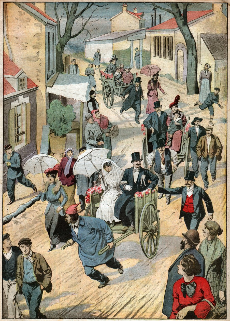 Mariage en charrette a bras. Procissão de casamento no carrinho de mão. de Ferdinand Georg Waldmuller
