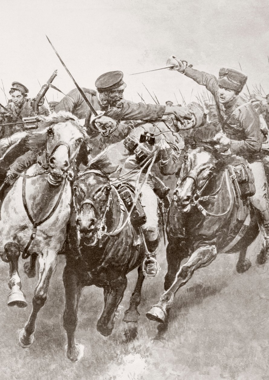 Combate montado entre cossacos russos e a cavalaria alemã conhecida como os Hussardos da Morte em Schwansfeld, entre Korschen e Bartenstein, Prússia Oriental, Agosto de 1914 durante a Primeira Guerra Mundial, de La Esfera de Ferdinand Georg Waldmuller