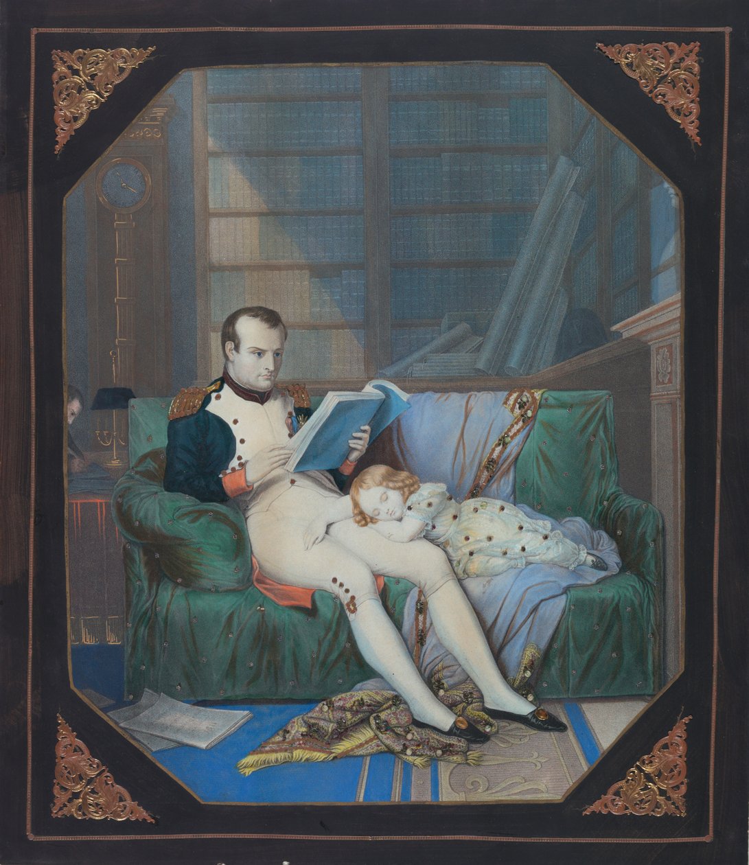 Napoleão em seu estudo com o rei de Roma, c.1860 (litografia) de . .
