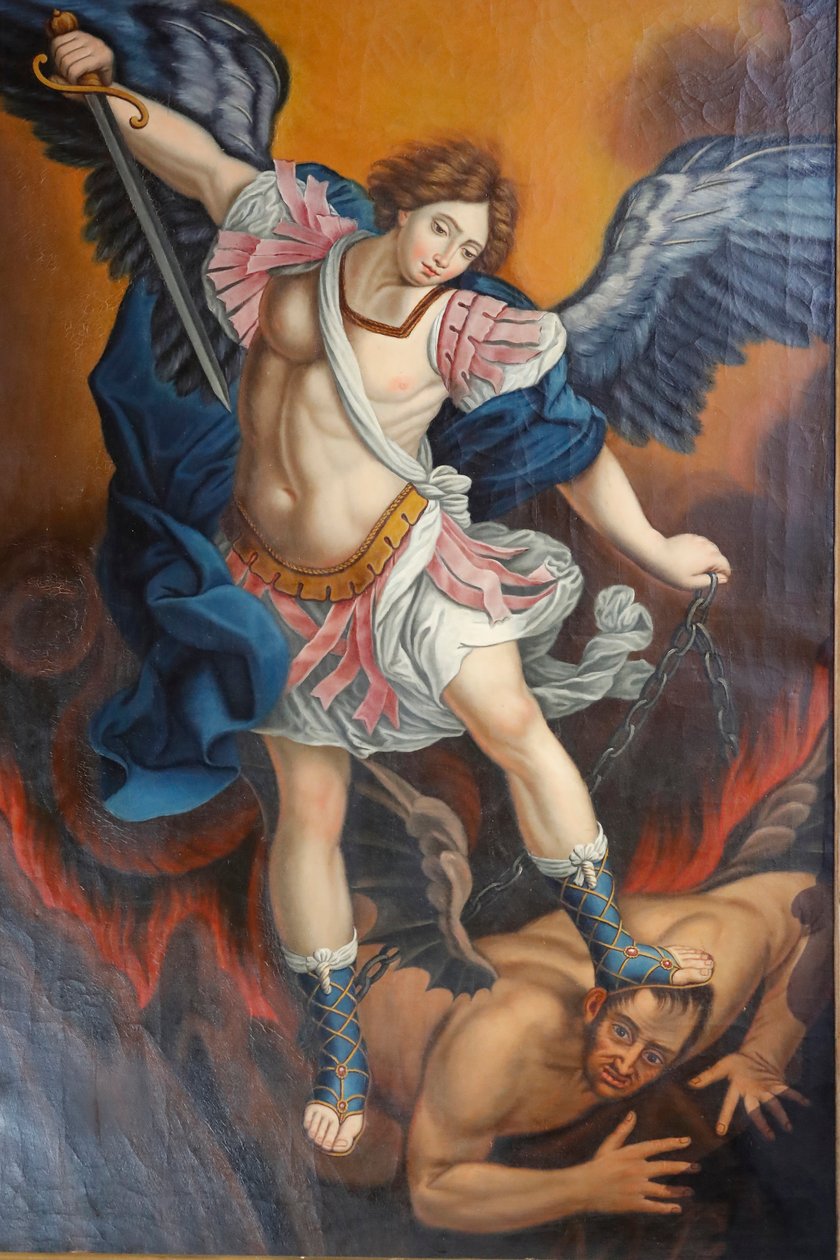 Igreja de Nossa Senhora da Assunção de Cordon. Arcanjo matando Satanás como um dragão. Quadro. França. França. de . .