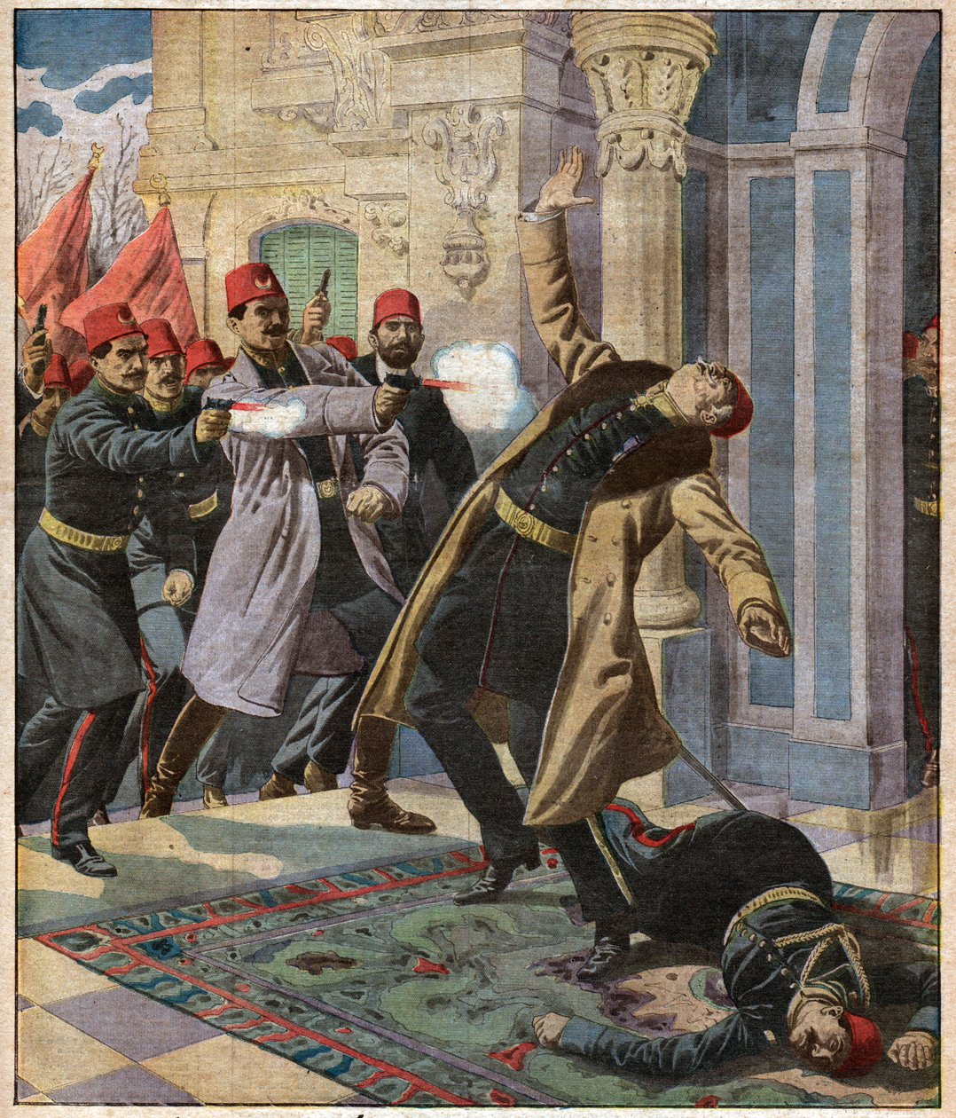 Golpe de Estado Otomano: Enver Pasha e a CUP invadem o Palácio Imperial e matam o Ministro Nazin Pasha, 9 de Fevereiro de 1913 de Ferdinand Georg Waldmuller