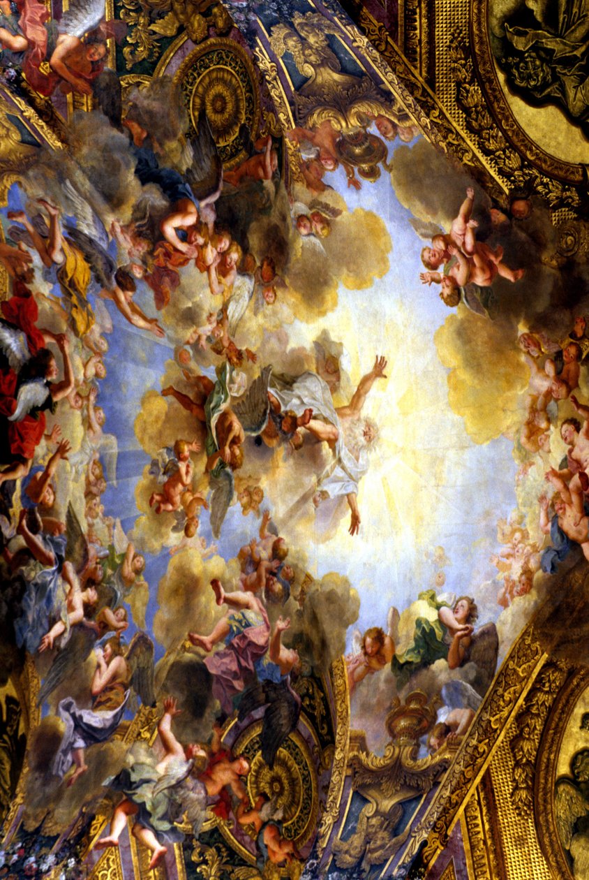 Pintura da abóbada da capela real, da autoria de Antoine Coypel (1661-1722). Intitula-se “O pai eterno em sua glória trazendo ao mundo a promessa de redenção”. Capela real iniciada por Jules Hardouin Mansart (1646-1708) em 1699 e concluída de . .
