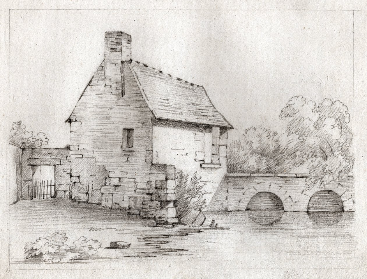Casa de camponês à beira de um rio. por volta de 1830 (ilustração) de . .