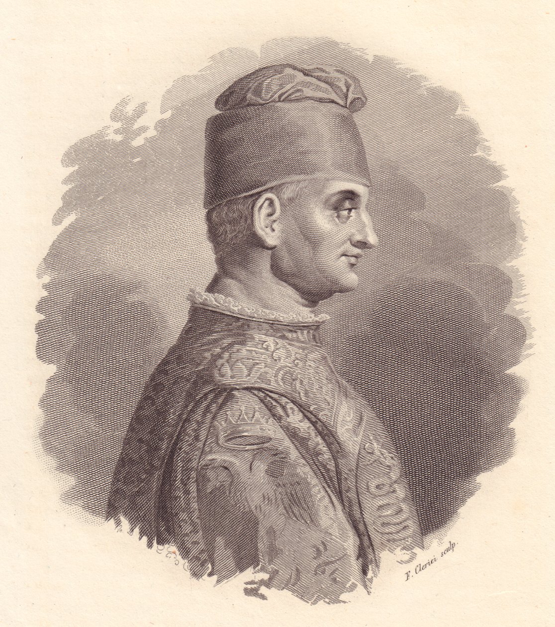 Retrato do Duque de Milão, Filippo Maria Visconti (1392-1447), gravura em cobre de F Clerici a partir de retrato publicado por Antonio Campo de William Walcutt