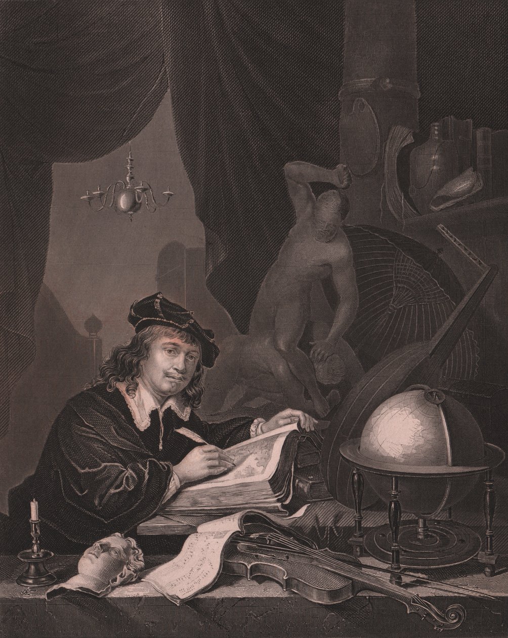 Retrato do pintor holandês Gerrit Dou (1613-1675), gravura de Albert Henry Paine do quadro Gerrit Dou, da Galeria Real de Payne Dresden, de Albert Henry Payne, H Payne Dresden e Leipzig Publisher, cerca de 1840 de William Walcutt