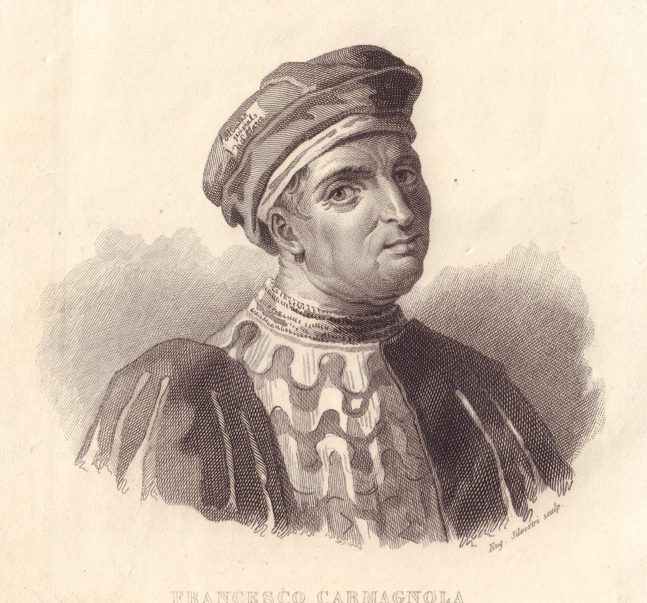 Retrato do líder militar italiano Francesco da Bussone também conhecido como Carmagnola (1380-1432), gravura em cobre de E Silvestri da pintura de William Walcutt