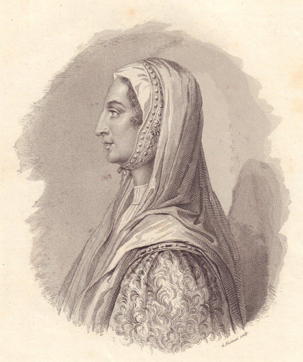 Retrato da fidalga italiana Beatrice Lascaris di Tenda (1372-1418), gravura em cobre de G Fusinati a partir de retrato publicado por Antonio Campo de William Walcutt