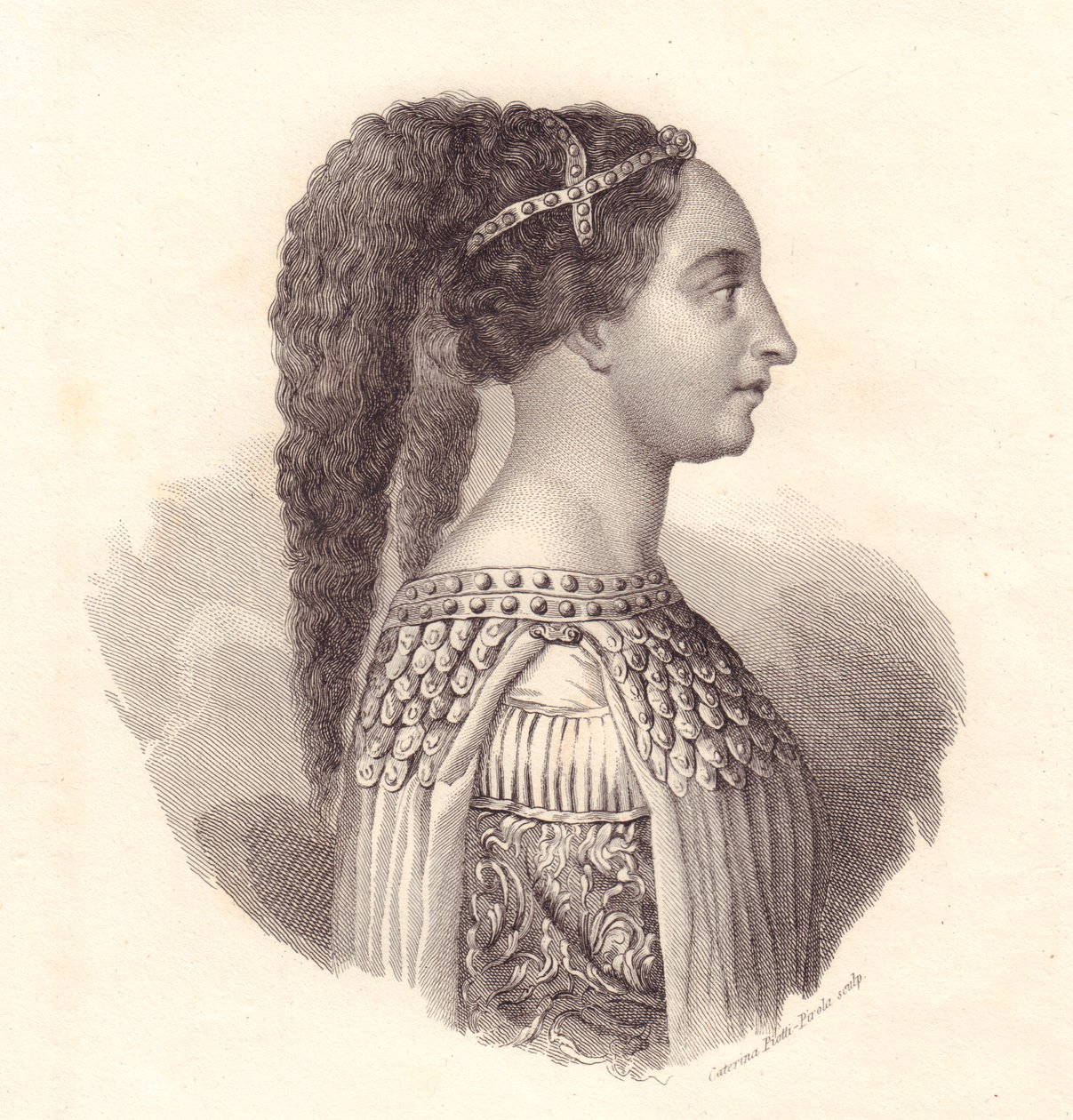 Retrato da nobre italiana Isotta degli Atti (cerca de 1432-1474), gravura em cobre de Caterina Piotti-Pirola de William Walcutt