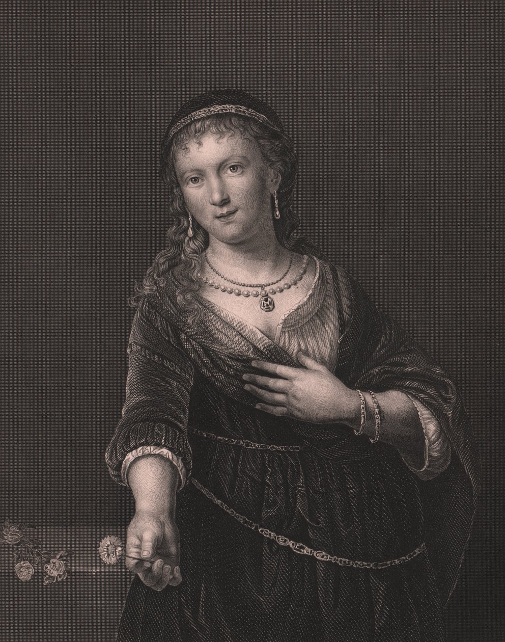 Retrato de Saskia van Uylenburgh (1612-1642), esposa de Rembrandt, gravura de Daniel John Pound de pintura de Rembrandt, da Galeria Real Dresden de Payne, de Albert Henry Payne, H Payne Dresden e Leipzig Publisher, cerca de 1840 de William Walcutt