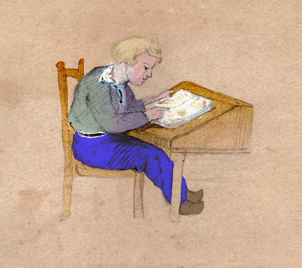 Estudante no trabalho em sua mesa. por volta de 1830 (ilustração) de . .