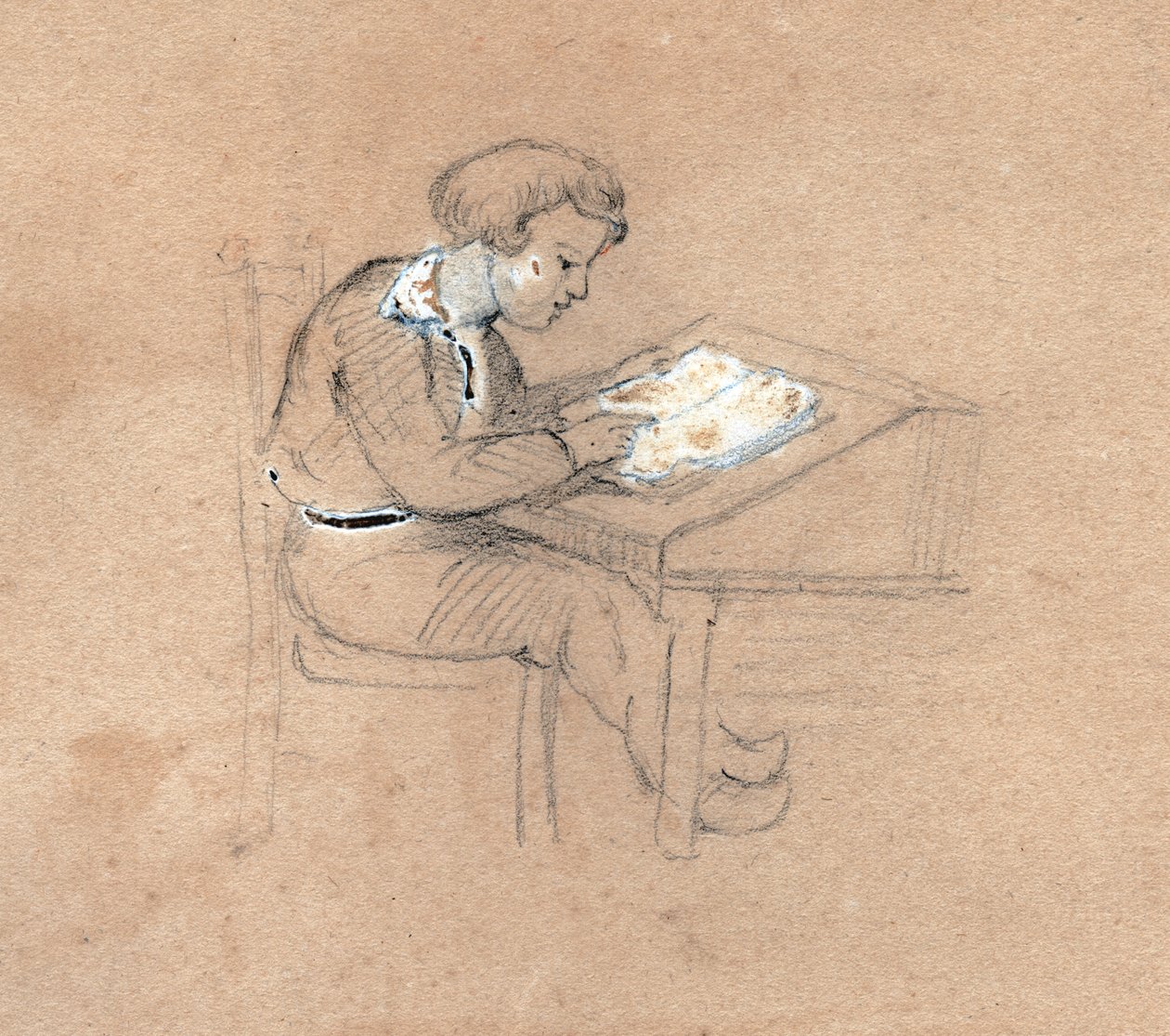 Estudante no trabalho em sua mesa. por volta de 1830 (ilustração) de . .
