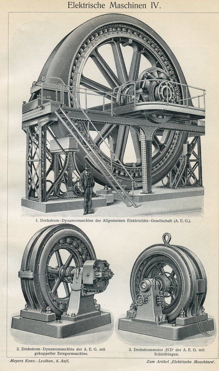 Quadro científico e tecnológico que representa as máquinas eléctricas industriais com corrente trifásica. Ilustração retirada de "Meyers Grosses Konversations - Lexikon" 1904. Instituto de Bibliógrafos, Leipzig e Viena de Ferdinand Georg Waldmuller