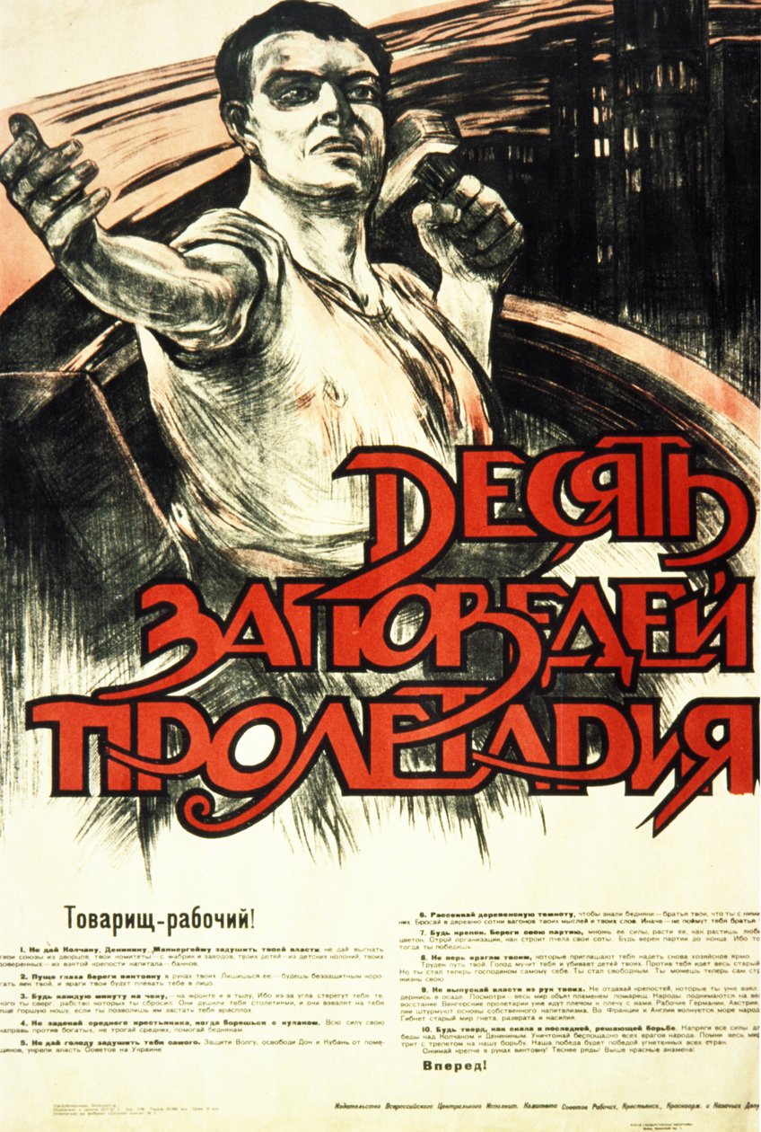 Cartaz da Propaganda Soviética dos anos 30, "Os Dez Mandamentos do Proletariado". de Frederick (attr. to) Barnard