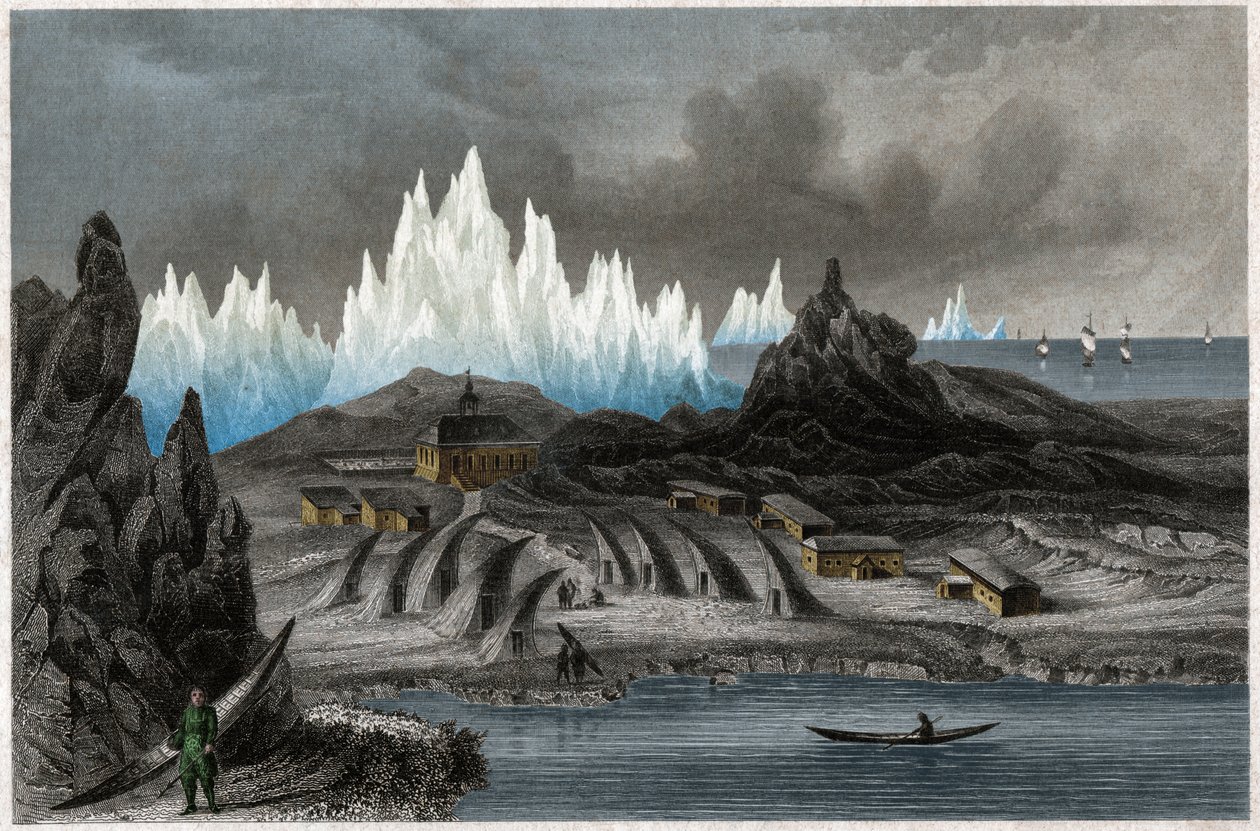 A Colônia dos Irmãos Morávios em Akunnat, Groenlândia (Lichtenfels). cerca de 1850 (Gravura) de . .