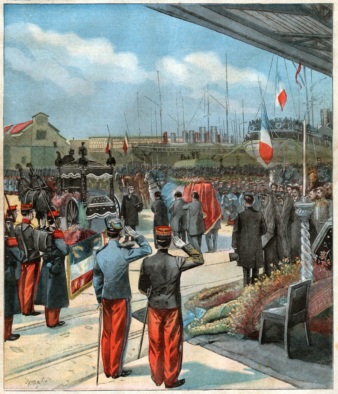 O corpo do explorador francês Pierre Savorgnan de Brazza rapatriado de Dakar (Senegal) a Paris (ilustração) de John Pardon