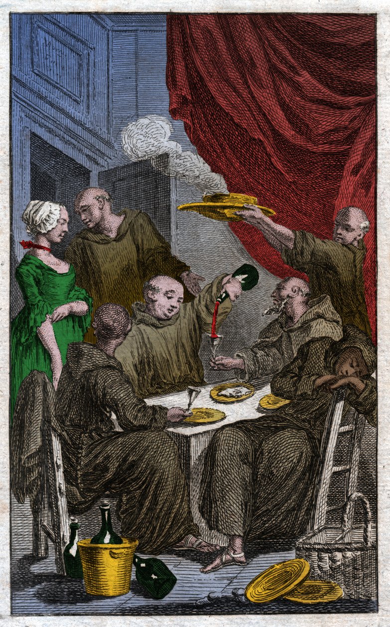 A festa dos monges que violam as regras monásticas. Eles bebem vinho, cortejam as empregadas. Século XVIII (Gravura) de . .