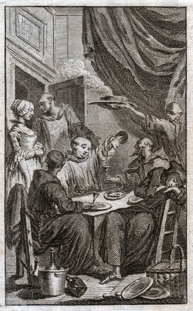 A festa dos monges que violam as regras monásticas. Eles bebem vinho, cortejam as empregadas. Século XVIII (Gravura) de . .