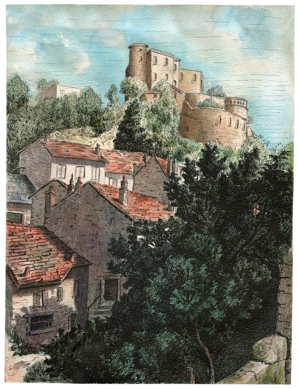 Aldeia com um castelo de . .