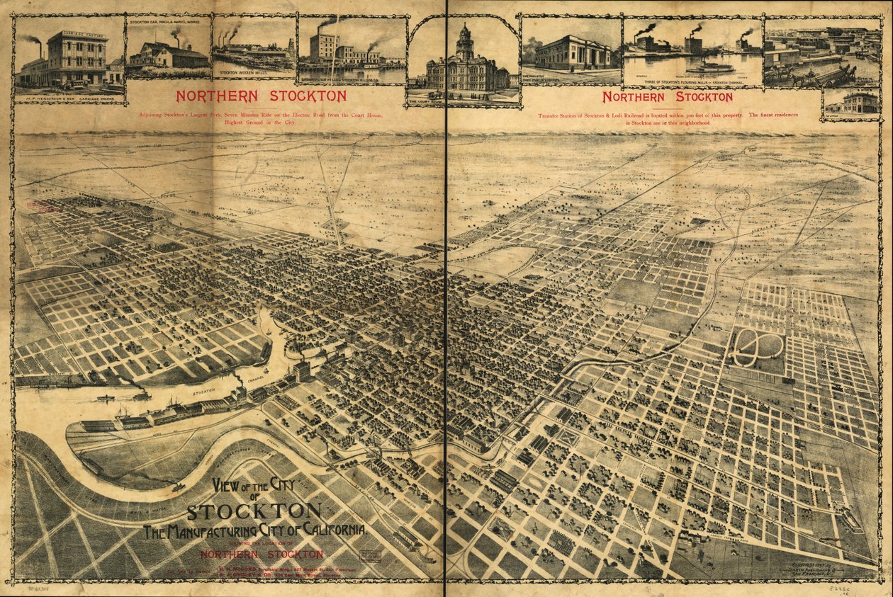 Vista da cidade de Stockton, a cidade industrial da Califórnia, mostrando a localização do norte de Stockton de Dakin Publishing Co.