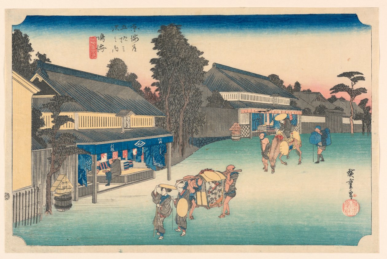 Narumi, um lugar famoso por seu tecido, nas cinquenta e três estações da estrada Tokaido de Hiroshige